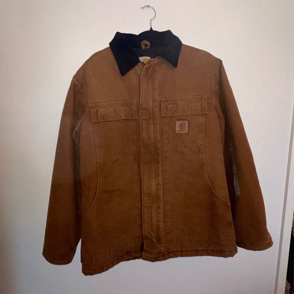Carhartt Brown Jacket Black Collar Arctic Quilt Lined Sandstone Duck SMALL Coat